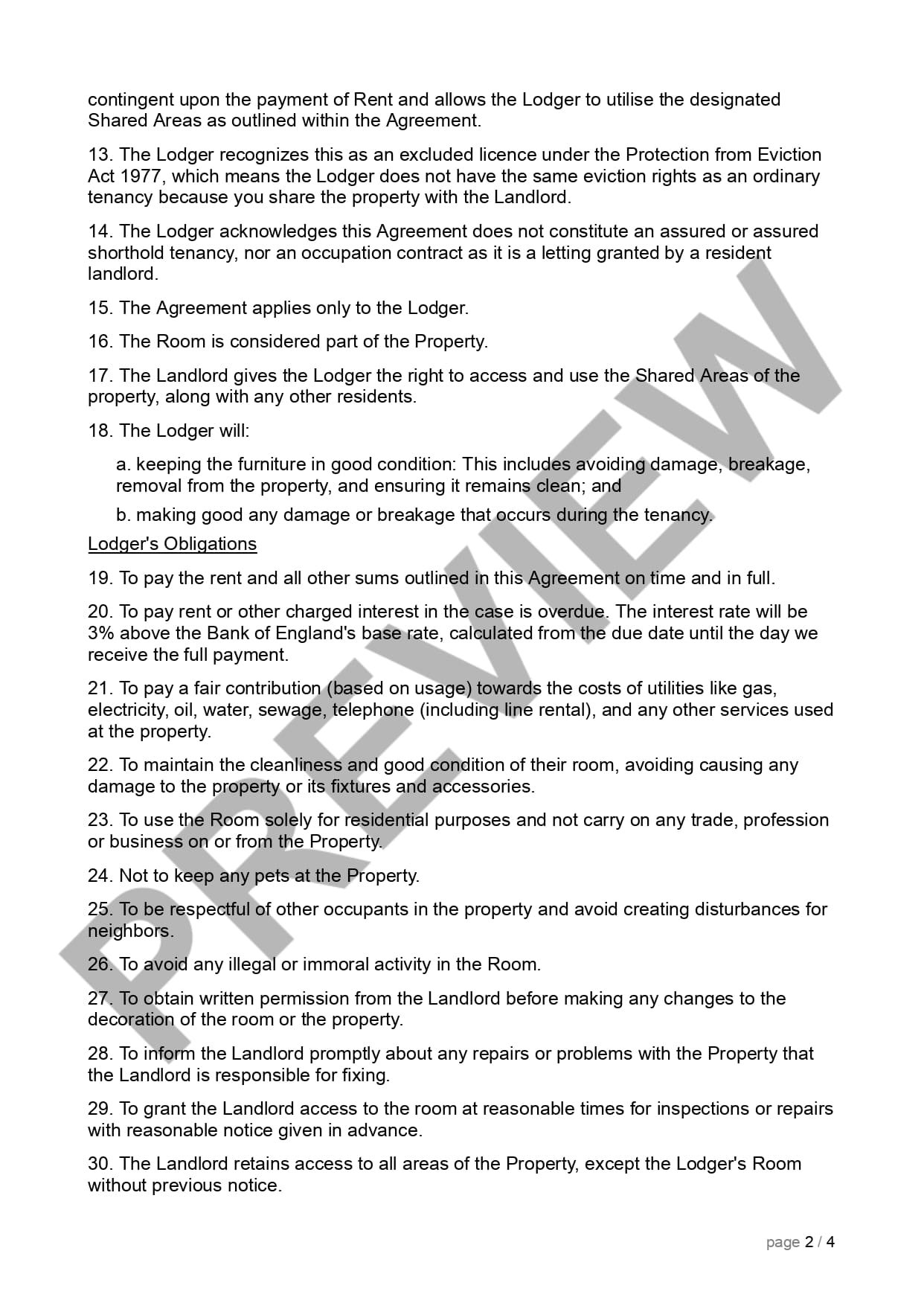 Preview Lodger Agreement