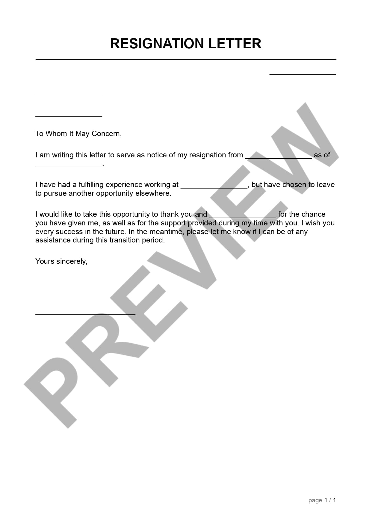 Preview Resignation Letter