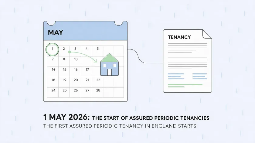 Illustration of a May 2026 calendar linked to a tenancy document, marking the start of assured periodic tenancies in England