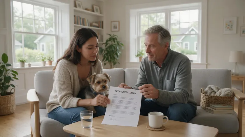 A tenant with a small dog discussing a pet request letter with their landlord