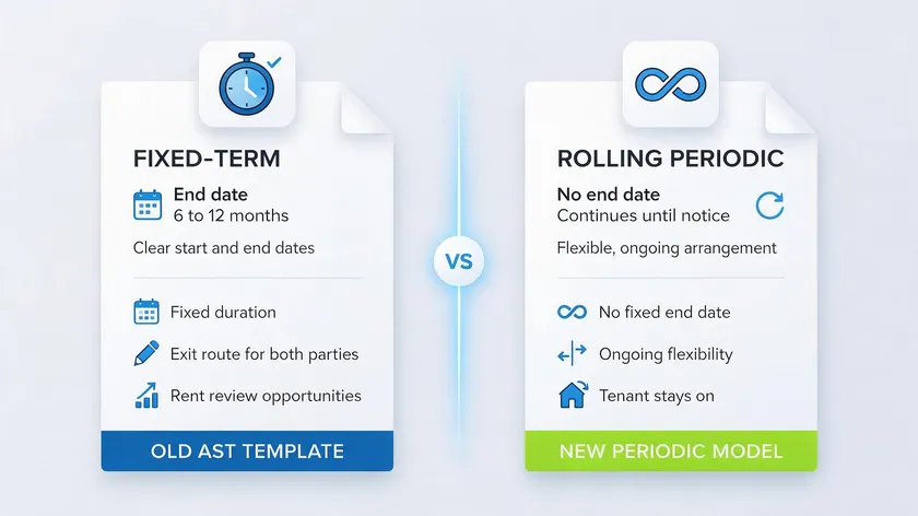 Comparison graphic contrasting a fixed-term old AST template with the new rolling assured periodic tenancy model