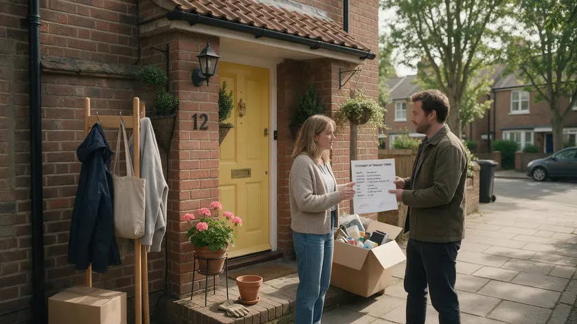 A landlord handing a tenant the written statement of tenancy terms outside a rented property