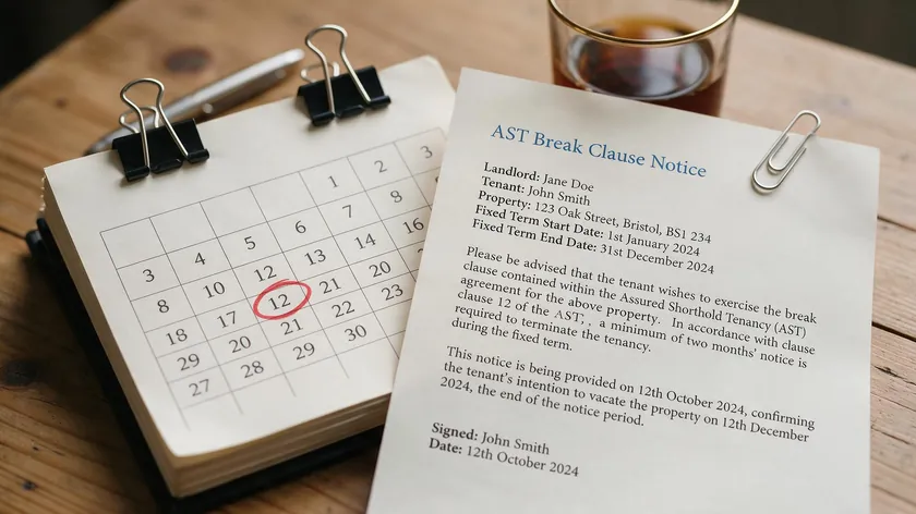 A break clause notice letter next to a calendar with a circled date, representing the notice period in an AST agreement