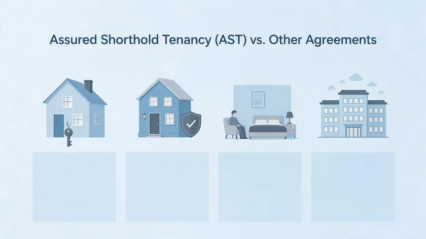 Four icons comparing an AST agreement with an assured tenancy, a licence or lodger agreement, and a company let