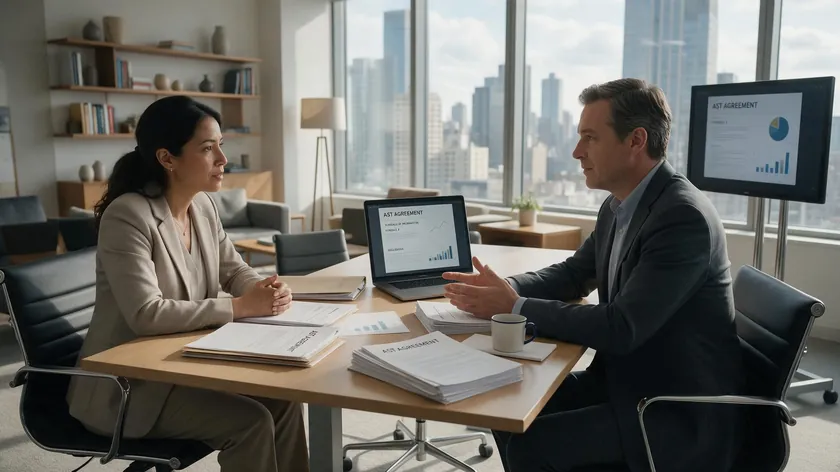 A landlord and tenant sitting across a table discussing paperwork, resolving a dispute over an AST agreement