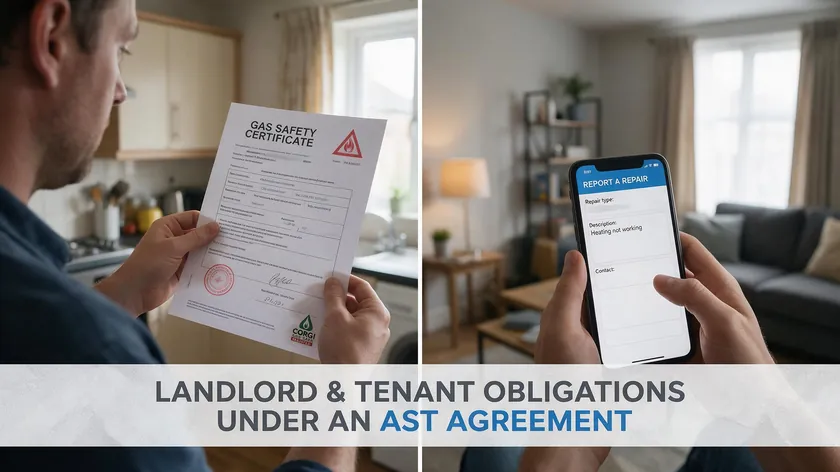 Split image showing a gas safety certificate and a repair report app, representing landlord and tenant obligations under an AST agreement