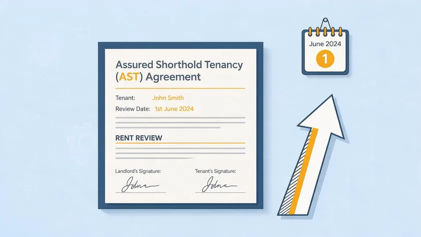 An AST agreement certificate showing a rent review section with an arrow pointing upward