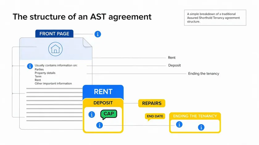 Infographic showing the structure of an AST agreement, including front page details, rent, deposit, repairs and end date