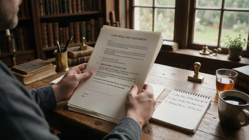 A person reading the executor appointment clause of a will template, with a notepad listing names beside it.