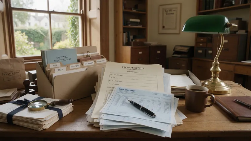 An executor organising probate paperwork and bank statements while managing a deceased person's estate.