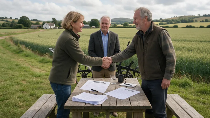 Landlord and tenant shaking hands over paperwork on a farm table, resolving a farm business tenancy dispute