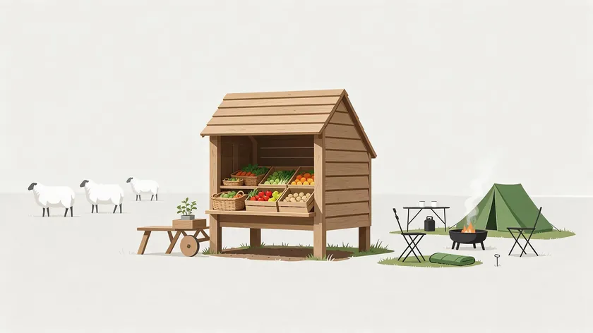 Illustration of a farm shop stall and a campsite with sheep grazing nearby, representing diversification permitted under a farm business tenancy