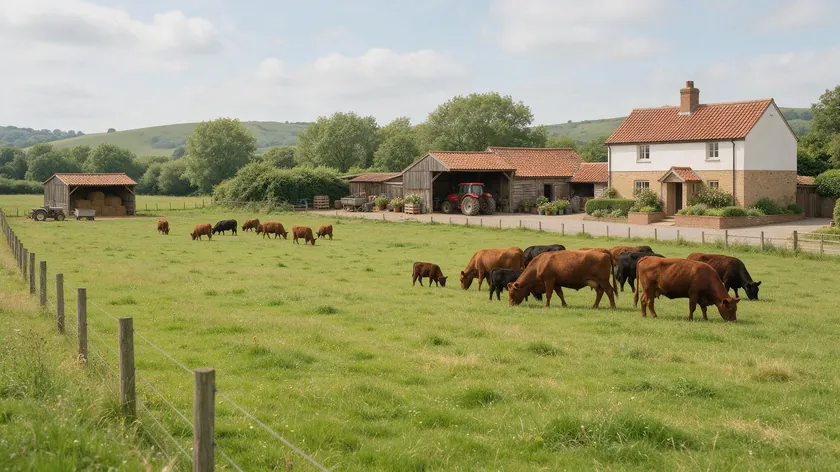 A working farmyard with grazing cattle and a farmhouse, typical of land let under a farm business tenancy