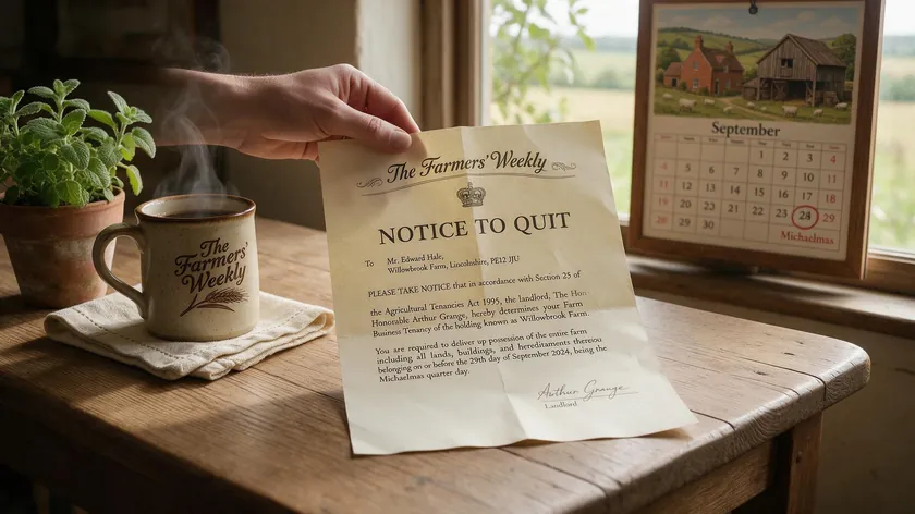 A hand holding a written notice to quit letter on a farmhouse table, representing the notice rules of a farm business tenancy