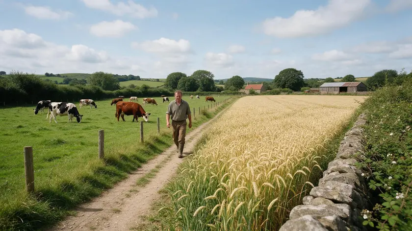 A farmer walking past grazing cattle and an arable field, illustrating land that qualifies for a farm business tenancy