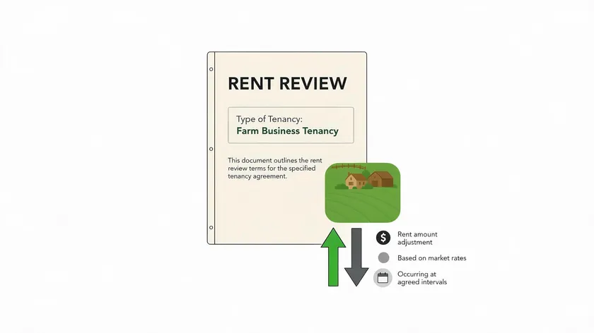 Illustration of a rent review document for a farm business tenancy, with arrows showing rent can move up or down