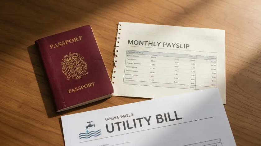 A flat-lay of a passport, payslip and utility bill arranged on a desk, representing the documents required to support a guarantor agreement