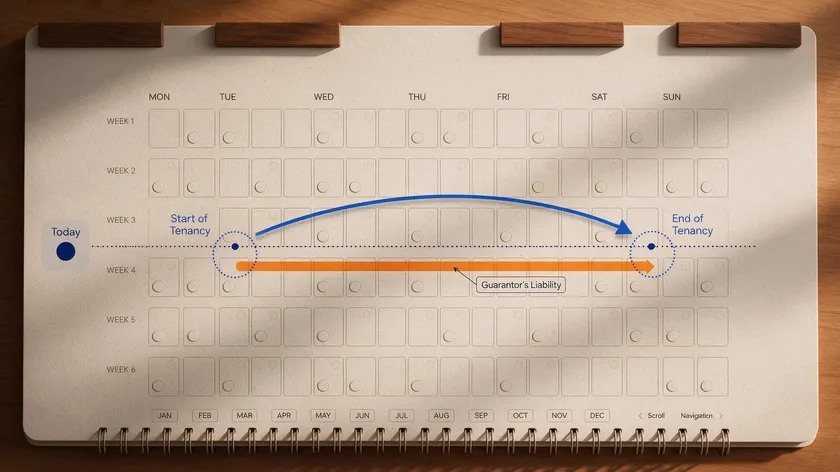 A calendar showing the start and end of a tenancy with a separate highlighted bar representing the guarantor agreement's liability period running alongside it