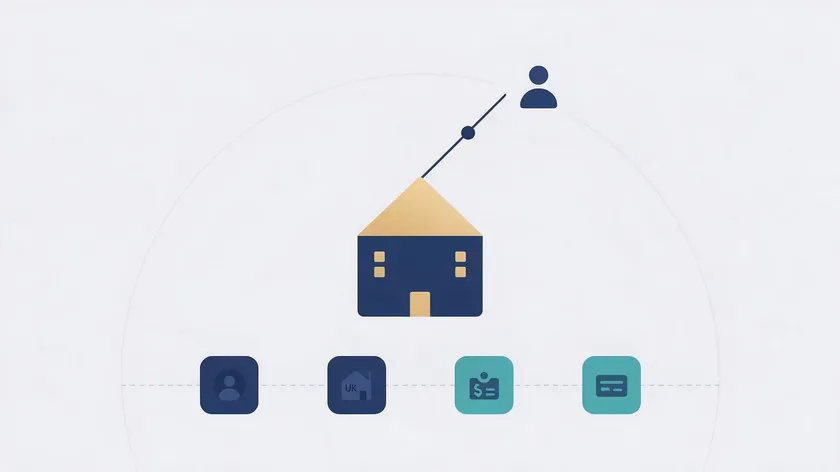 Flat minimalist illustration of a guarantor connected to a house, with icons for age, UK residence, income and credit history required for a guarantor agreement