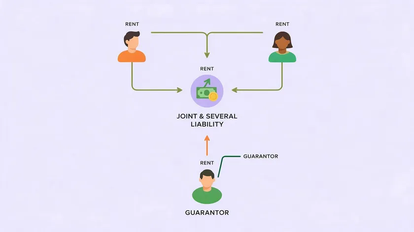 Flat minimalist illustration showing two joint tenants and one guarantor connected to a single shared rent icon, representing joint and several liability in a guarantor agreement