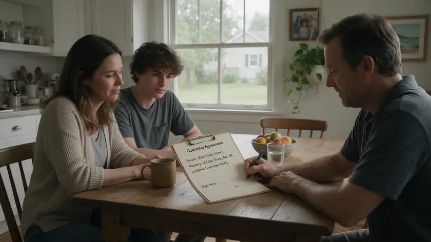 A parent signing a guarantor agreement at a kitchen table while their adult child looks on, representing a family member acting as guarantor