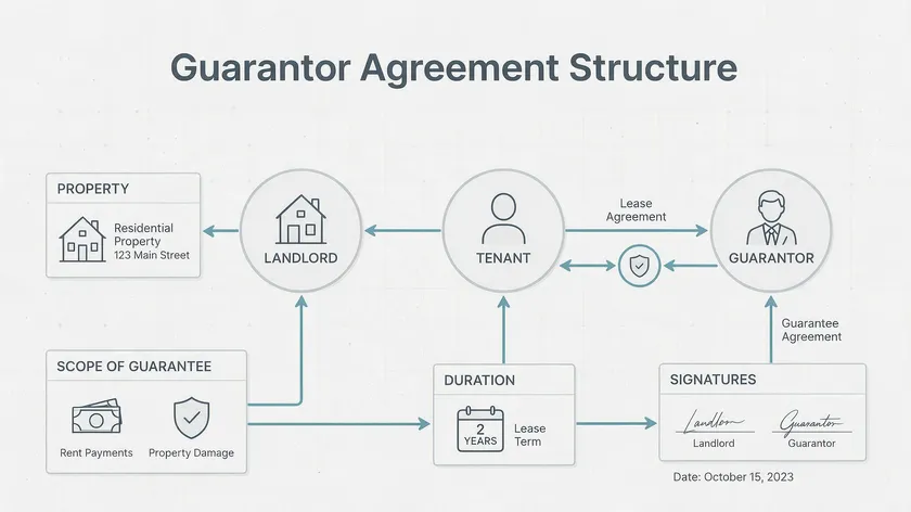 Flat minimalist illustration of a guarantor agreement structure showing the landlord, tenant and guarantor connected to property, scope of guarantee, duration and signature sections