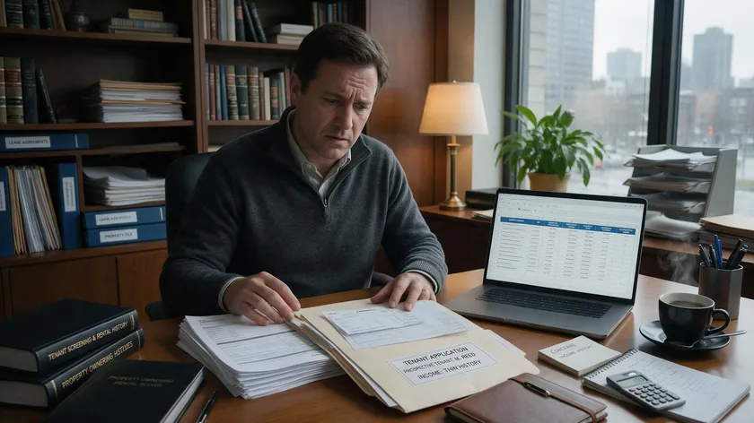 A landlord reviewing a tenant's application with a concerned expression, referencing documents that show thin income history as a reason for requiring a guarantor agreement