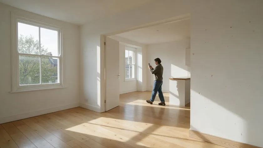 A person walking through an empty rental flat photographing a wall while completing an inventory for rental property at check-in