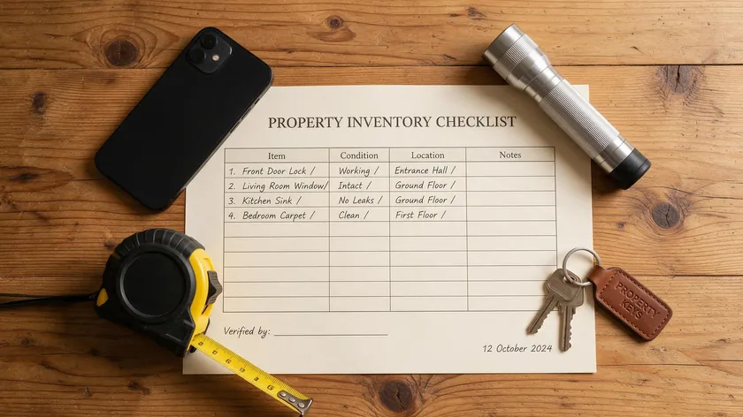 A flat-lay of a checklist, phone, torch, tape measure and keys used to prepare an inventory for rental property