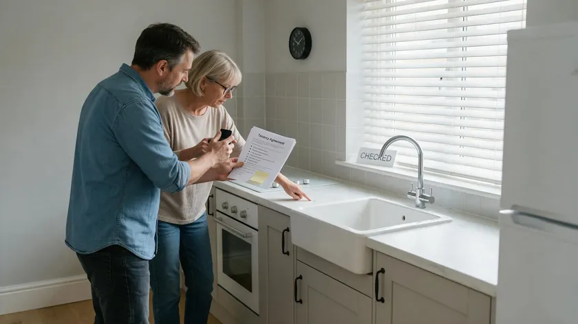 A landlord and tenant comparing a document to a kitchen worktop while completing the check-out inventory for rental property