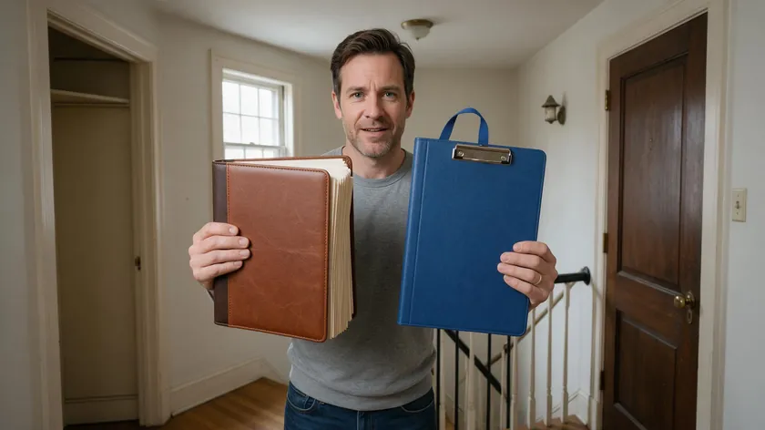 A landlord holding two different documents, comparing an inventory for rental property with a mid-tenancy inspection report