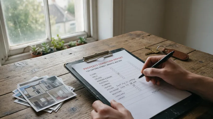 Close-up of hands filling in an inventory for rental property condition report on a clipboard