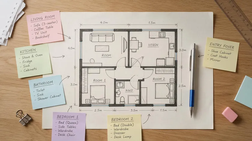 An overhead flat-lay of a floor plan with room labels, used to plan an inventory for rental property room by room