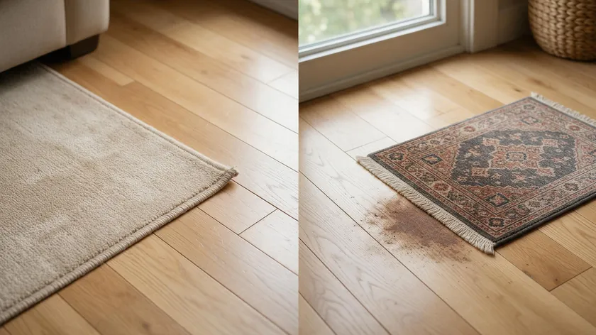 Side by side comparison of a worn rug and a stained rug, showing the difference an inventory for rental property helps to prove