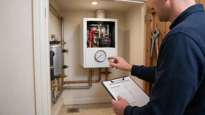 A person checking the pressure gauge on a combi boiler during a heating and hot water inspection