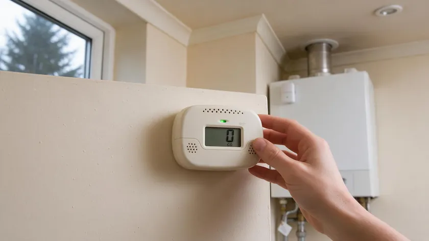 Close-up of a carbon monoxide alarm mounted near a gas boiler, checked as part of a landlord inspection checklist