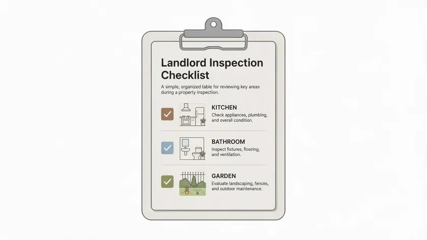 Flat minimalist illustration of a landlord inspection checklist clipboard listing kitchen, bathroom and garden checks