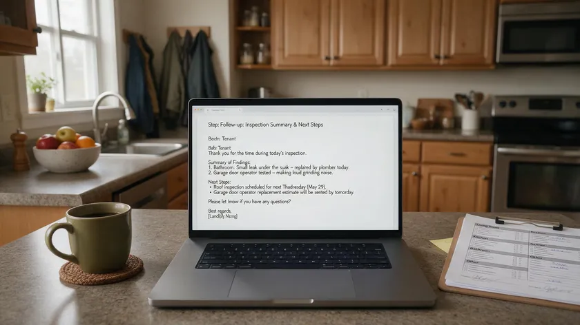 A landlord typing a follow-up email summary on a laptop after completing a property inspection
