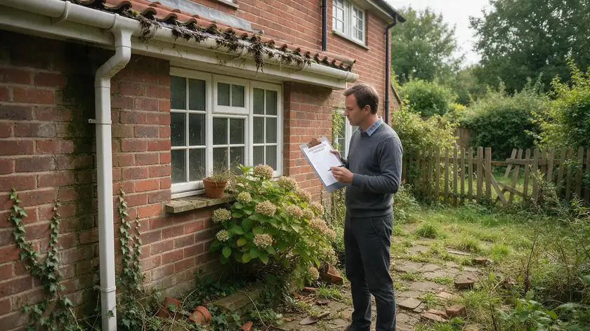 A landlord inspecting an overgrown garden and blocked gutter at the back of a rental property