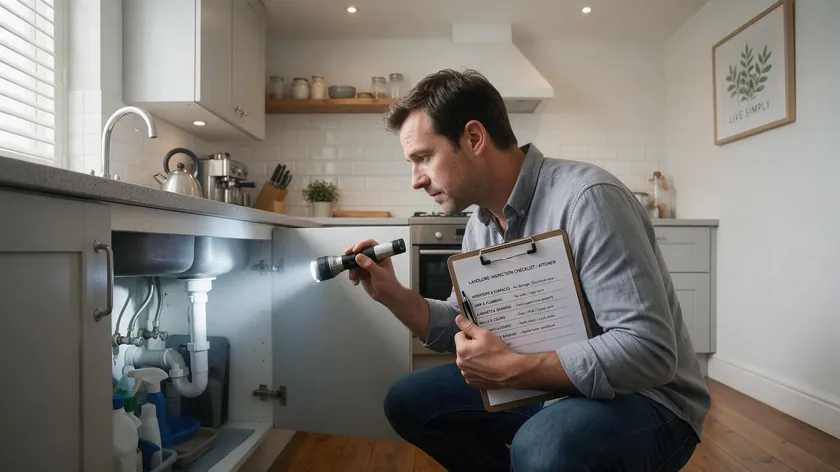 A landlord inspecting kitchen worktops and checking under the sink as part of a room-by-room property inspection