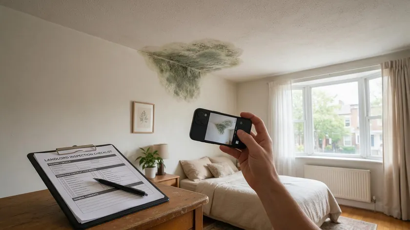 A landlord photographing a patch of mould in a bedroom ceiling corner to document a damp issue