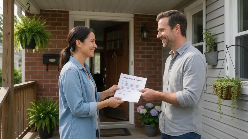 A landlord handing a tenant a written notice letter at the front door before a scheduled property inspection