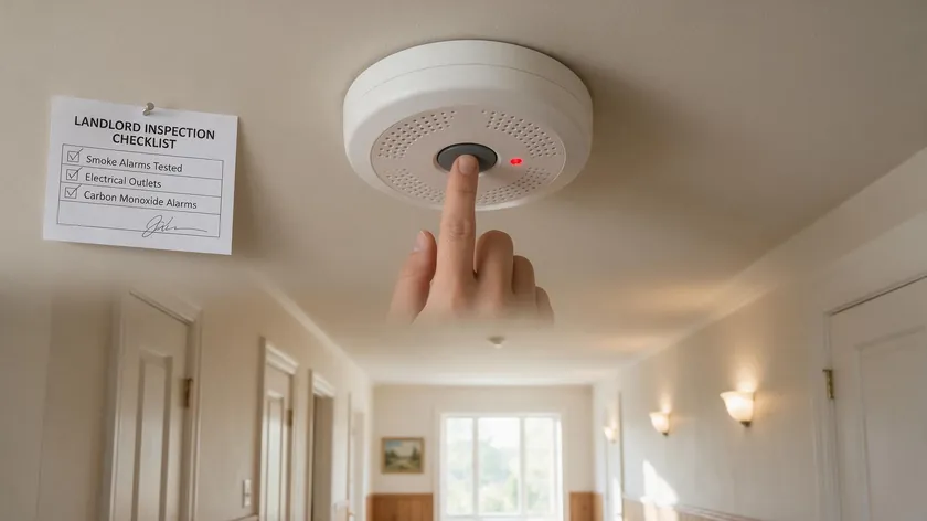 Close-up of a hand testing a smoke alarm in a hallway, one of the safety checks on a landlord inspection checklist
