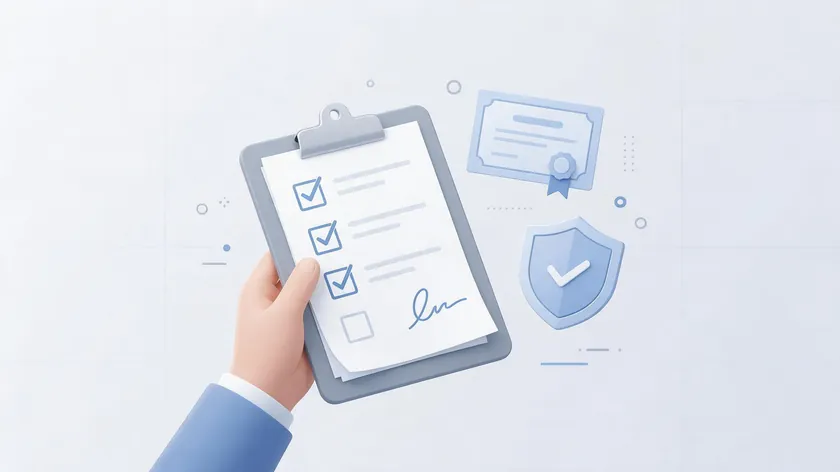A hand ticking off a compliance checklist on a clipboard next to a certificate and a shield icon, representing a landlord tenancy agreement compliance review