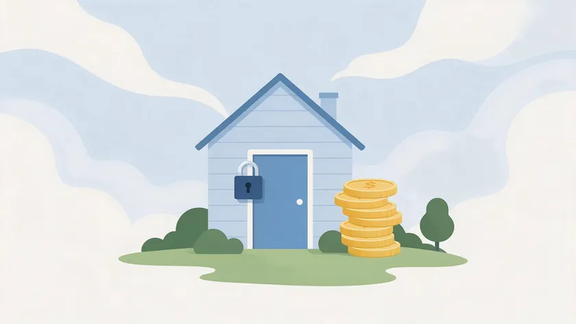 A house with a padlock and a stack of coins, representing rent and deposit protection in a landlord tenancy agreement