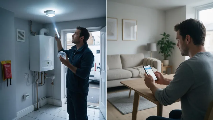 Split image showing a landlord inspecting a boiler and smoke alarm, and a tenant reporting a repair through a phone app