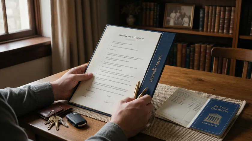 A person reviewing a last will and testament alongside house keys, a car key and a savings passbook representing their estate.