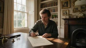 A person signing a last will and testament at a home desk in England.
