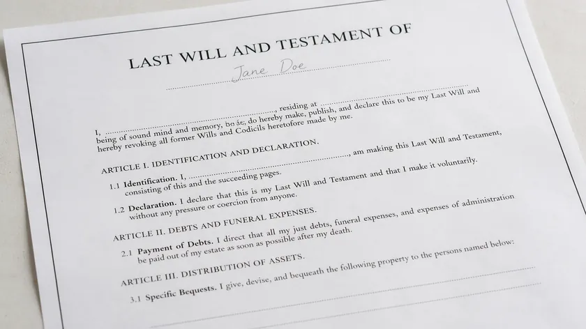 Close-up of a last will and testament template showing pre-printed legal clauses and blank spaces ready to complete.