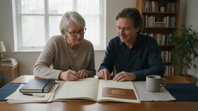 Two people reviewing and signing a Lasting Power of Attorney document together at a table.